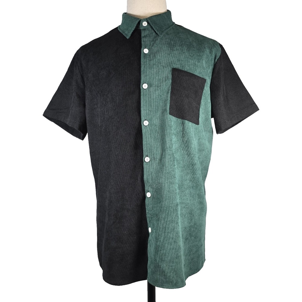 Romwe Mens Trendy Corduroy Shirt Large 40 Green & Black Button Up Short Sleeve